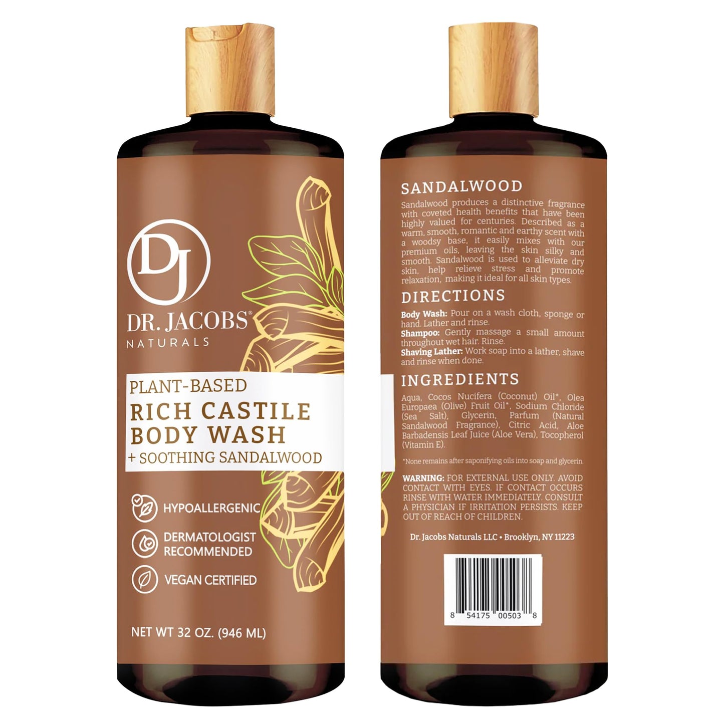 Dr. Jacobs Naturals Pure Castile Soap Liquid Body Wash, Sandalwood - Plant Based Soap Infused with Vitamin E and Aloe Vera to Moisturize Dry
