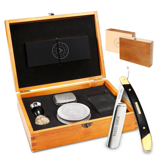 Naked Armor Straight Razor Kit - Solomon Japanese Carbon Steel Blade, Complete Straight Razor Shaving Kit for Men, Shave-Ready, Strop, Brush, Soap Beauty and Personal Care Naked Armor