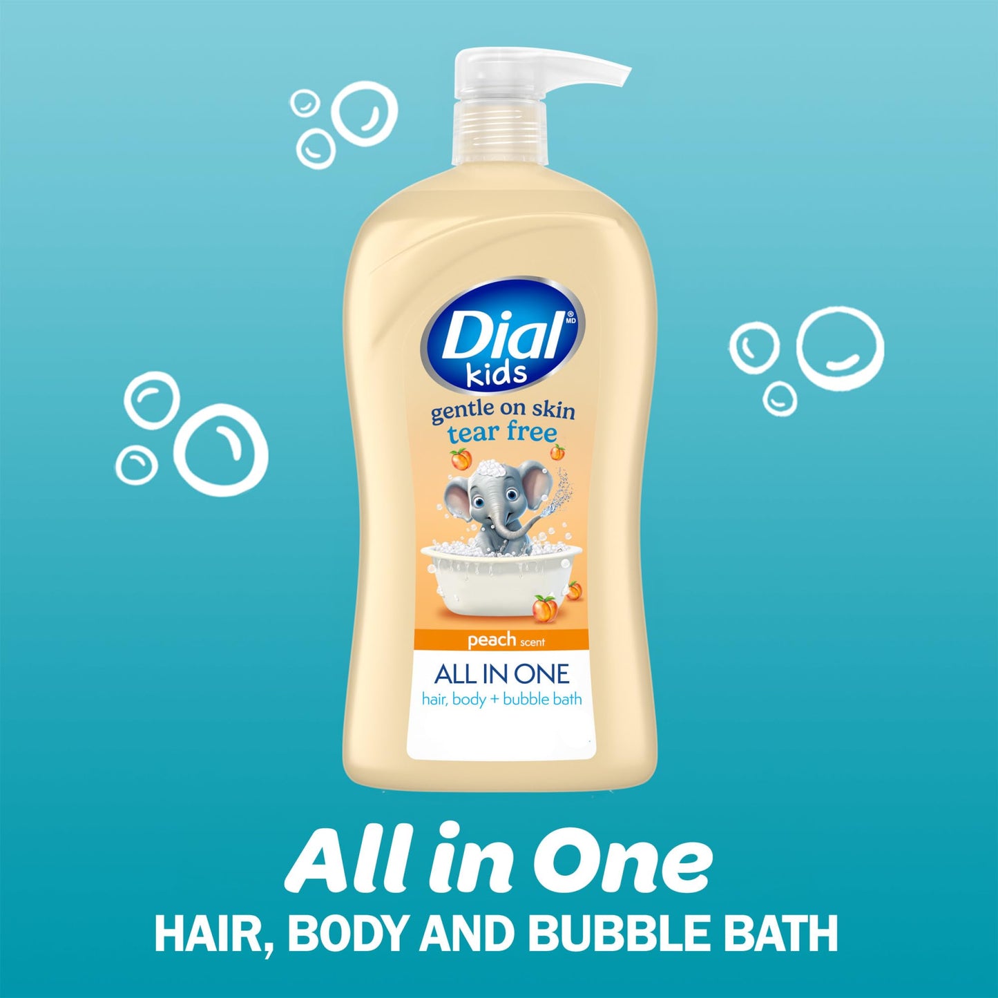 Dial Kids All-in-1 Body + Hair + Bubble Bath, Peach Scent, 32 Fl Oz, Hypoallergenic Body Wash & Shampoo, No Tears Formula for Kids 2+ Years, No