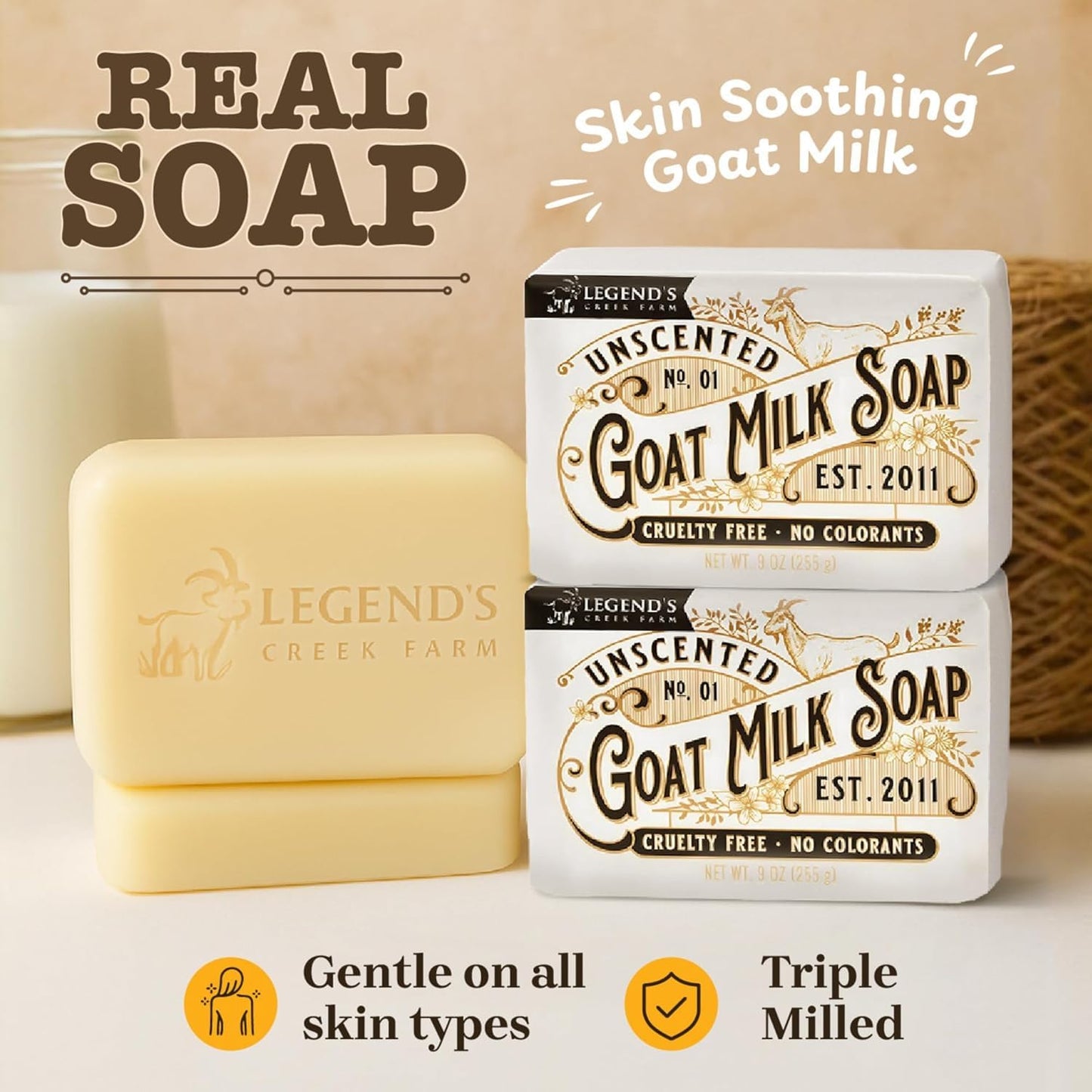 Legend's Creek Farm Goat Milk Soap - Triple Milled Cleansing Moisturizing Bar for Hands and Body - 9 Oz Creamy Lather, Nourishing, Natural Soap