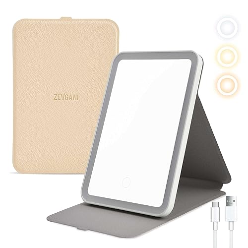 ZEVGANI Travel Lighted Makeup Mirror, 3-Color Dimmable LED Lighting, USB Rechargeable Light up Portable Tabletop Folding Vanity Cosmetic Mirror