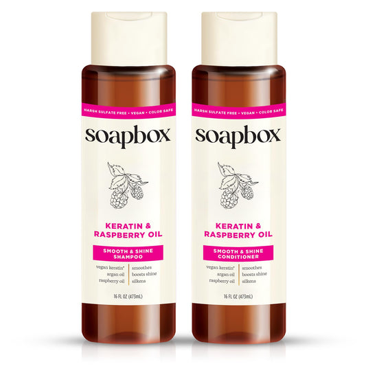 Soapbox Keratin & Raspberry Seed Oil Shampoo & Conditioner Set, Leaves Hair Shiny, Smooth & Glossy - Clean Ingredients Free of Harsh Chemicals