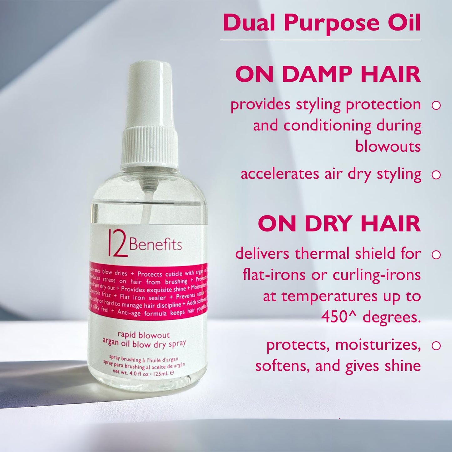 12 Benefits RAPID BLOWOUT ARGAN OIL SPRAY - Cut Blow Dry Time by 40% - Heat Protectant, Nourishes, Smooths Frizz, Adds Shine & Softens Damaged Hair, 4