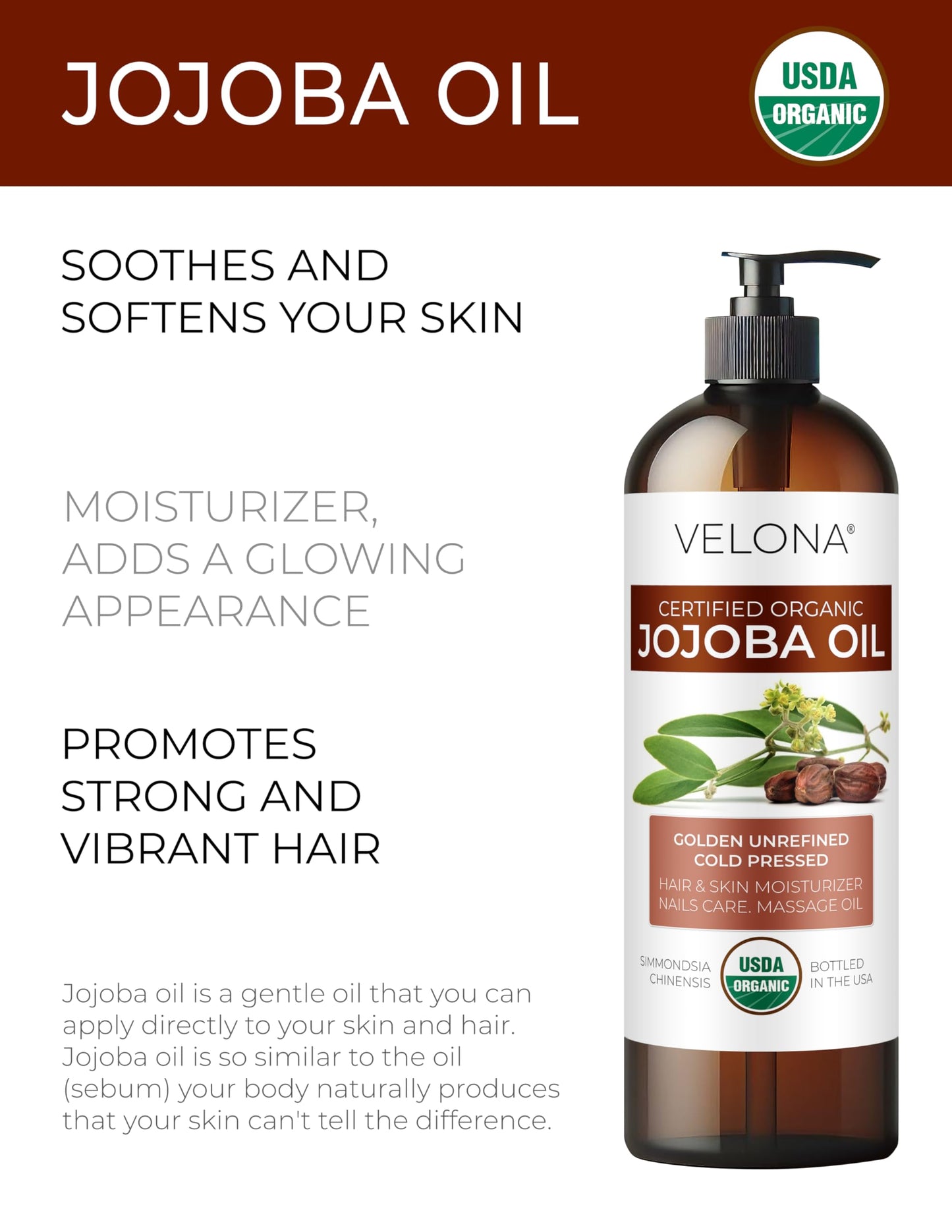 velona Jojoba Oil USDA Certified Organic - 16 fl oz (With Pump) | 100% Pure and Natural | Golden, Unrefined, Cold Pressed, Hexane Free | Moisturizing