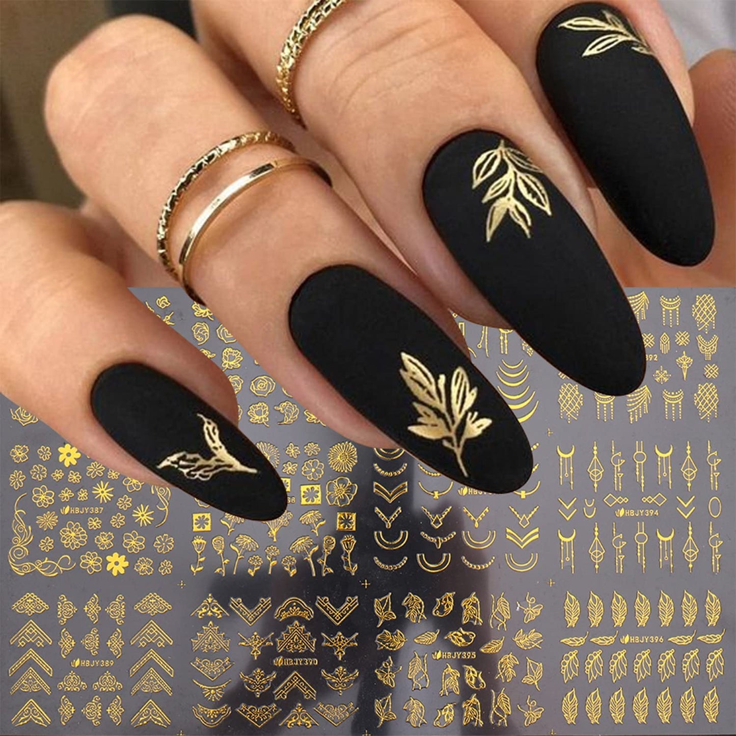 Flowers Nail Art Stickers Decal 3D Self-Adhesive Gold Flower Leaf Lace Nail Supplies Flower Nail Stickers Geometry Line Nail Designs for Women Girls