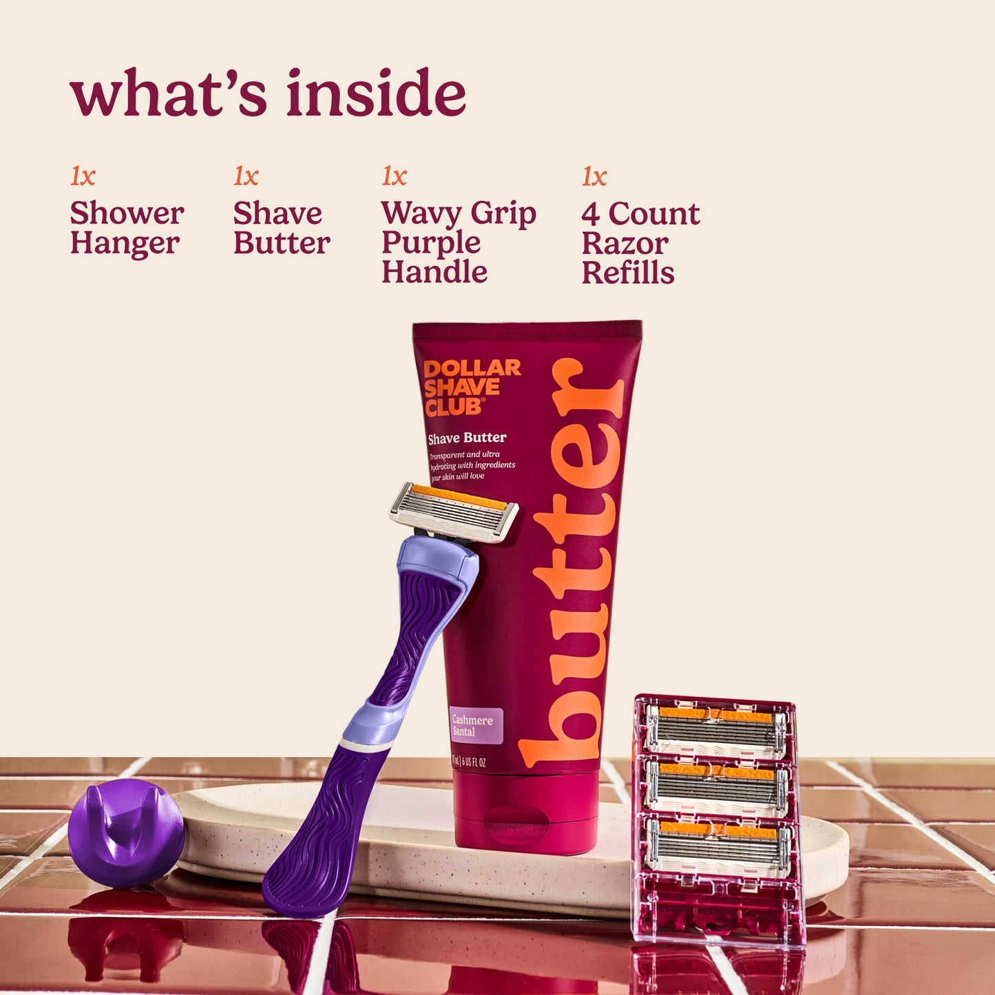 Dollar Shave Club For Women | 1 Purple Wavy Grip Handle, 4 Razor Refills, 1 Cashmere Santal Shave Butter, 1 Shower Hanger | Razors for Women, Womens Beauty and Personal Care Dollar Shave Club