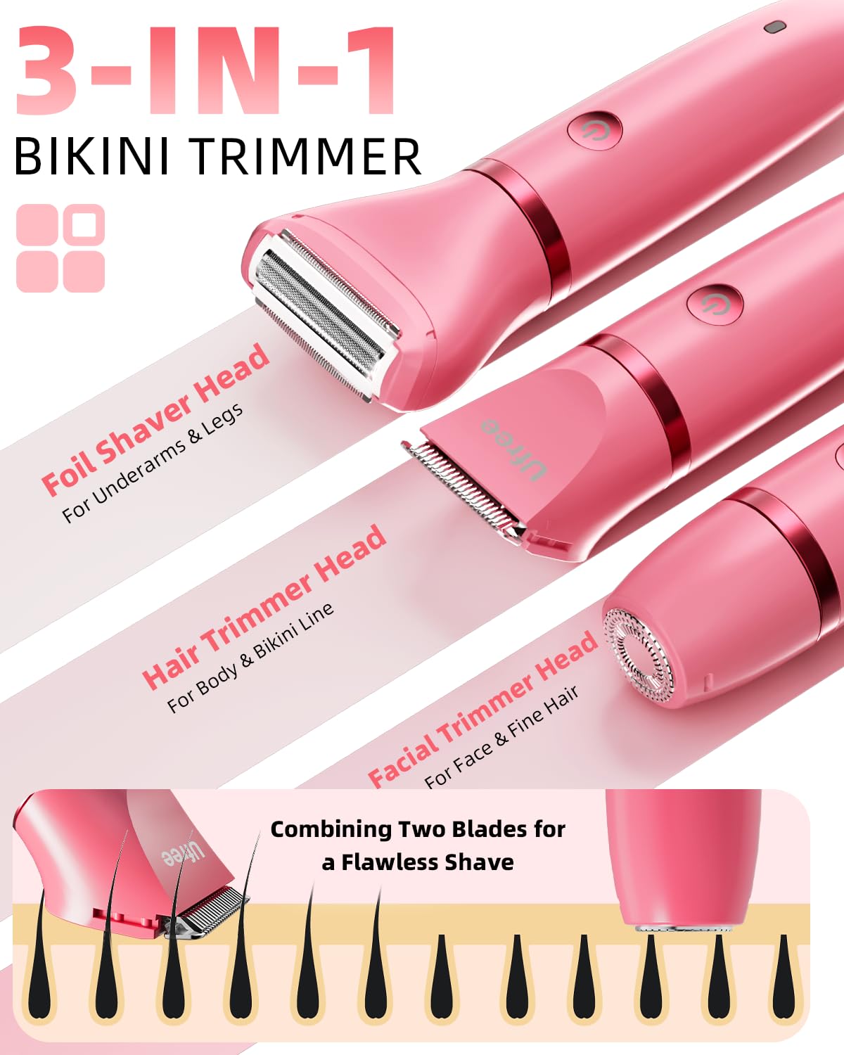 Ufree Bikini Trimmer Electric Razors for Women, Ceramic Blade Body Hair Trimmer, IPX7 Waterproof Rechargeable Lady Shaver, Personal Groomer for Legs Beauty and Personal Care Ufree
