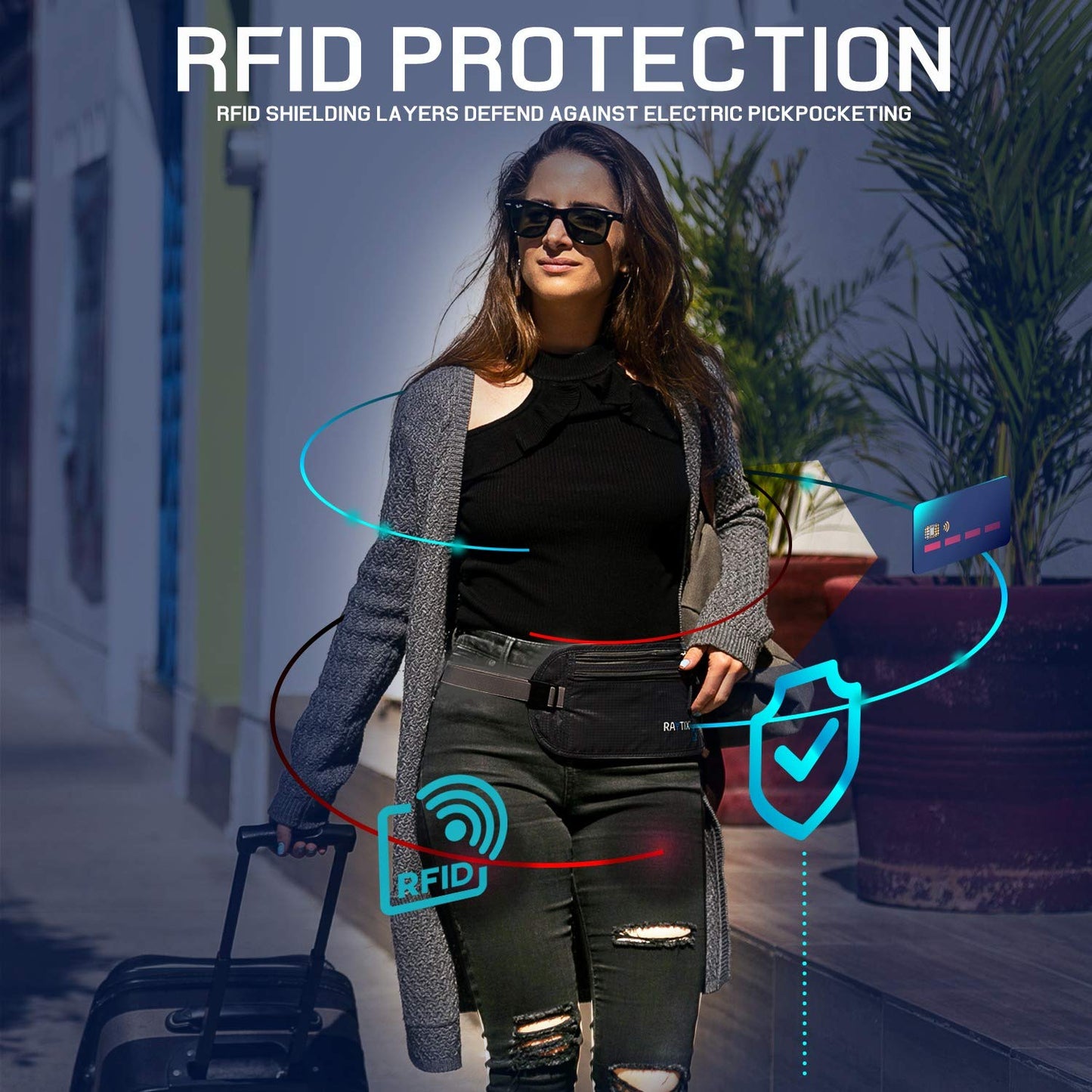 Raytix RFID Blocking Money Belt – Waterproof Hidden Travel Waist Pouch & Passport Holder Wallet for Men & Women, Black