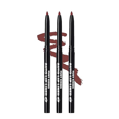 Ruby Kisses Auto Lip Liner Pencil (Plum 3 Pack), Long Lasting & Non-Fading, Smooth Application, Non-Feathering with Rich Pigmented Color, No Sharpener