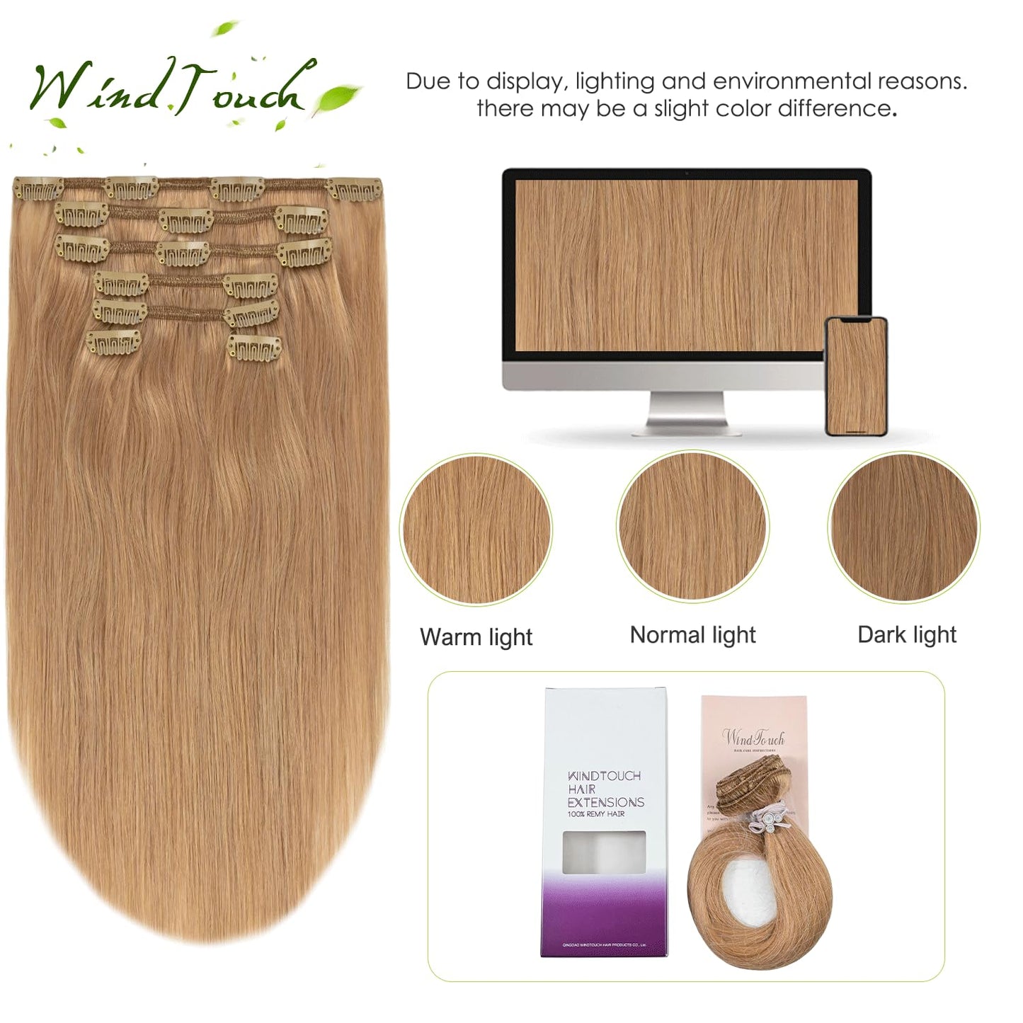 WindTouch Clip in Hair Extensions Real Human Hair Dark Blonde Hair Extensions 15Inch Straight 7PCS #12 Reddish Blonde 75g Human Hair Clip