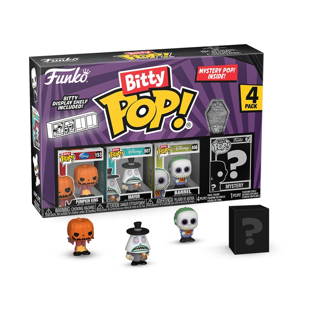 Funko Bitty Pop The Nightmare Before Christmas - Pumpkin Jack 4PK - Pumpkin King, Mayor (Frowning), Barrel and A Surprise Mystery Mini Figure - 0.9…
