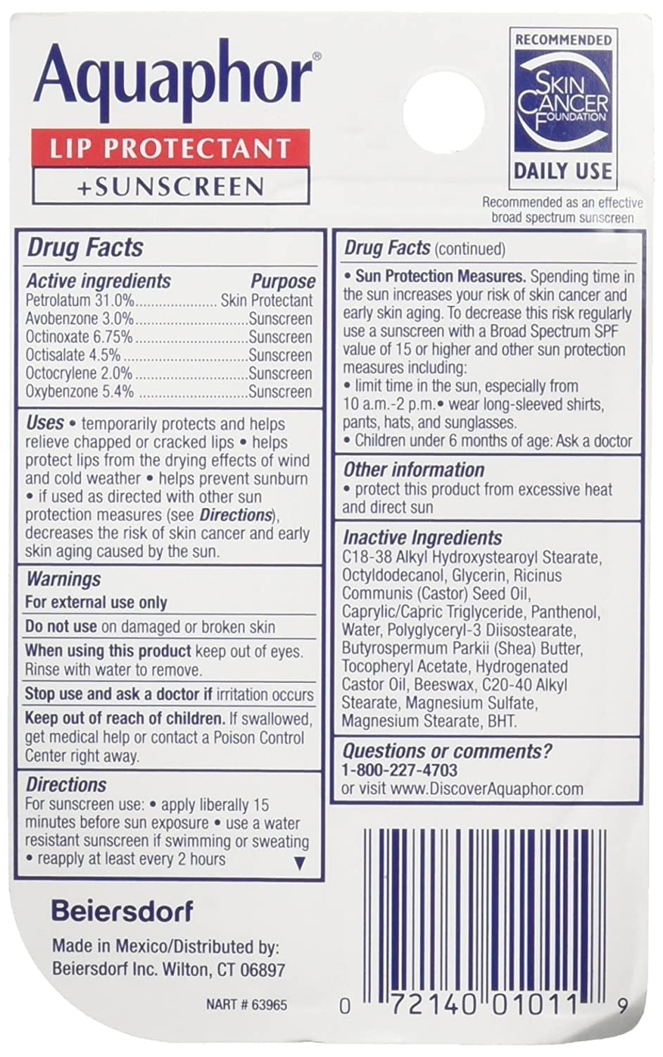Aquaphor Lip Repair SPF 3 Size .35z Aquaphor Lip Repair SPF 30 .35z