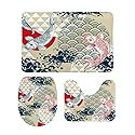 Kuizee Bath Rug Set 3 Piece Koi Fish Wave Water Circles Japanese Chinese Batroom Combination Non-Slip Mat U-Shaped Contour Rug O-Shaped Toilet Lid…