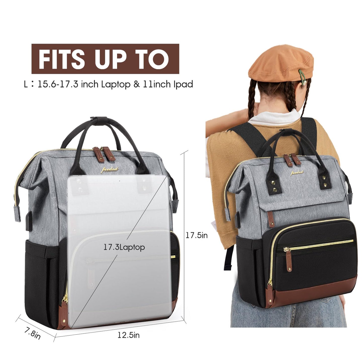 Focdod Women Laptop Backpack Work Bag: 17 inch Travel Computer Backpacks for Nurse Teacher Waterproof College Bookbag with USB Charger Anti-theft Casual Business Backpack Purse Black Grey Brown