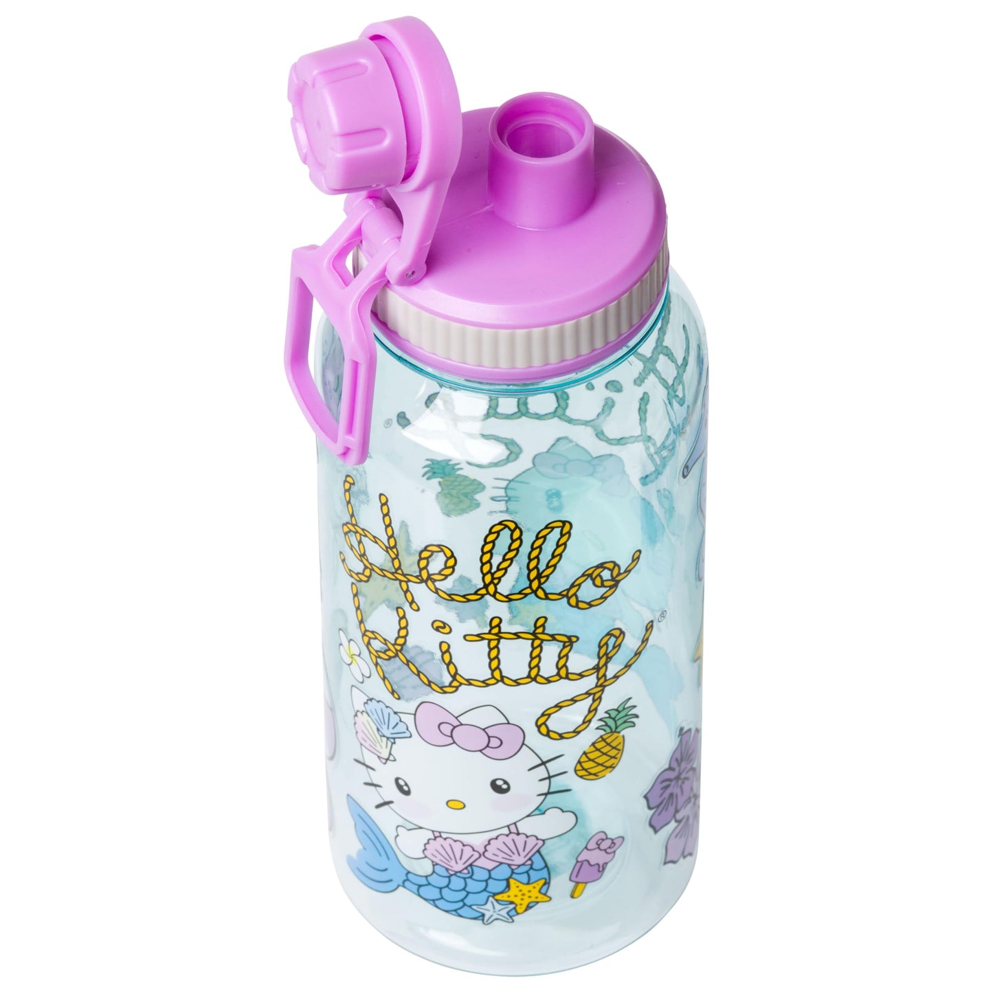 Silver Buffalo Sanrio Hello Kitty Mermaid Twist Spout Plastic Bottle with Sticker Set, 32 Ounces
