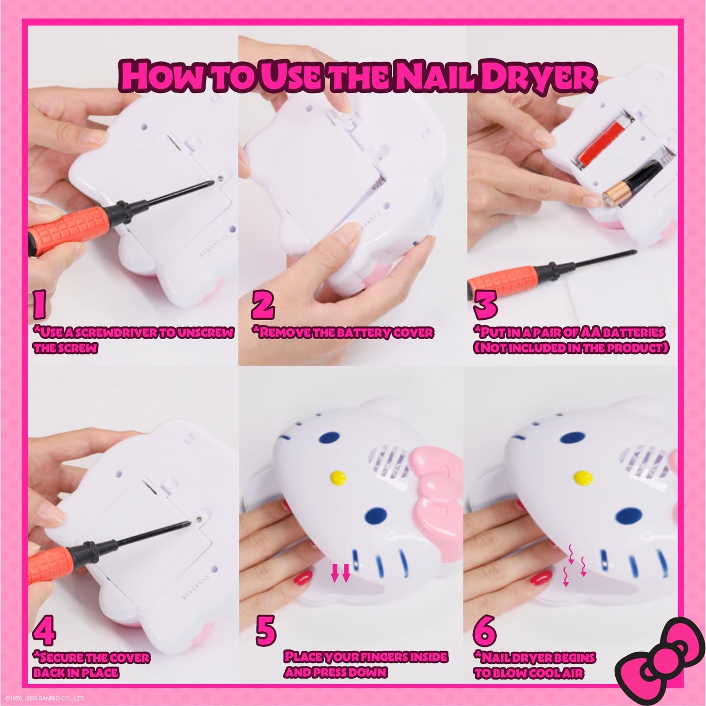 Hello Kitty 8 Pack Non-Toxic Peel-Off Shimmer and Opaque, Water-Based Safe Nail Polish Set with Nail Dryer for Kids, AA Batteries Not Included, Ages 3