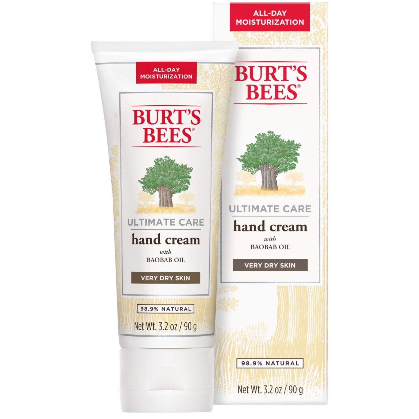 Burt's Bees Hand Cream for Dry Skin, Unscented Natural Lotion with Baobab Oil, Ultimate Care Moisturizer, 3.2 oz