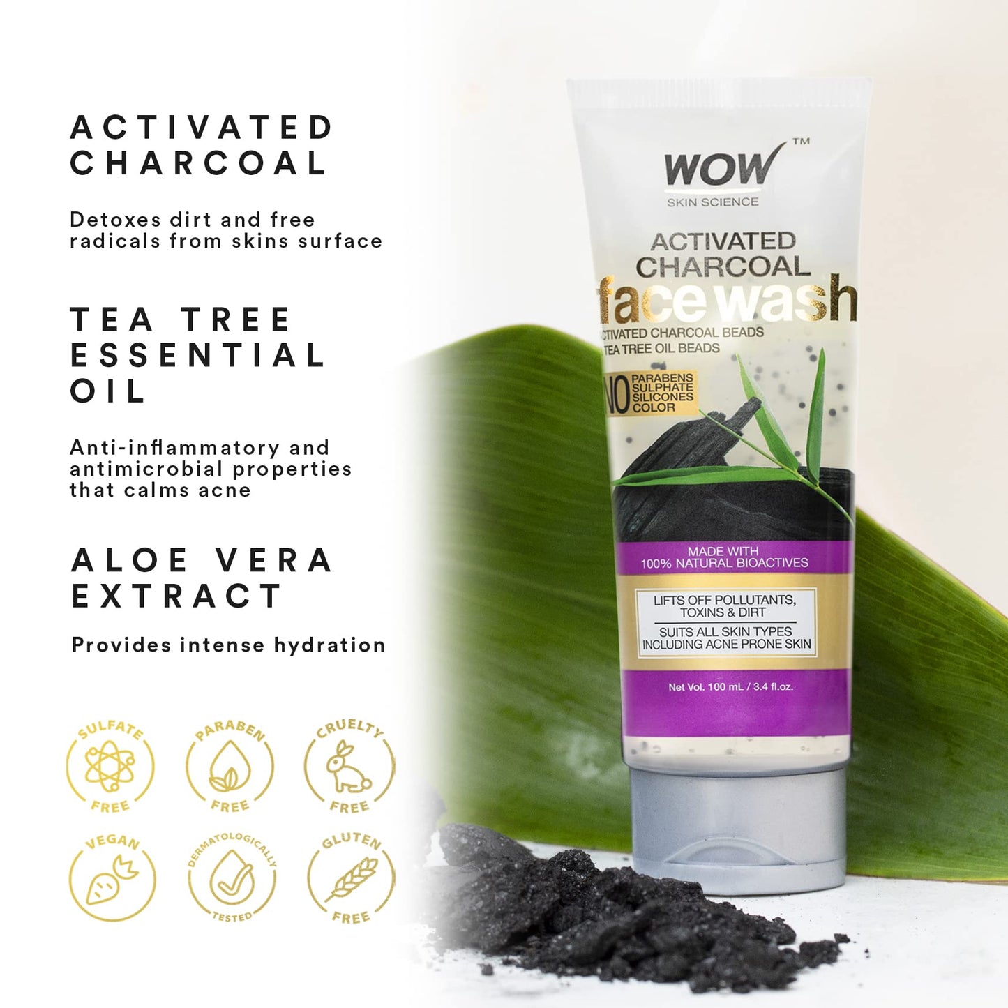 WOW Skin Science Activated Charcoal Face Wash - Deep Cleanser For Normal, Dry, Oily Skin & Acne Pore Minimizer, Men, Women - Daily Facial Wash