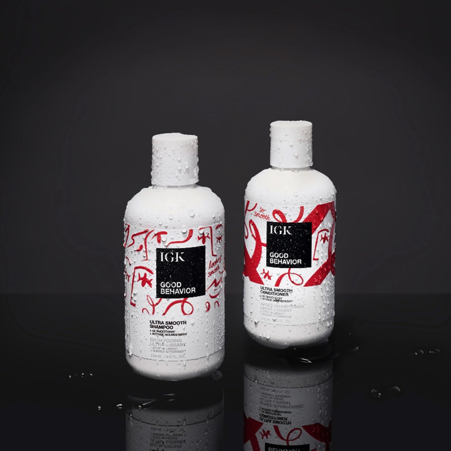 IGK GOOD BEHAVIOR Ultra Smooth Shampoo & Conditioner Set + Travel Size Packettes | Frizz Control + Shine | Vegan + Cruelty-Free | 8 oz (Pack of 2)
