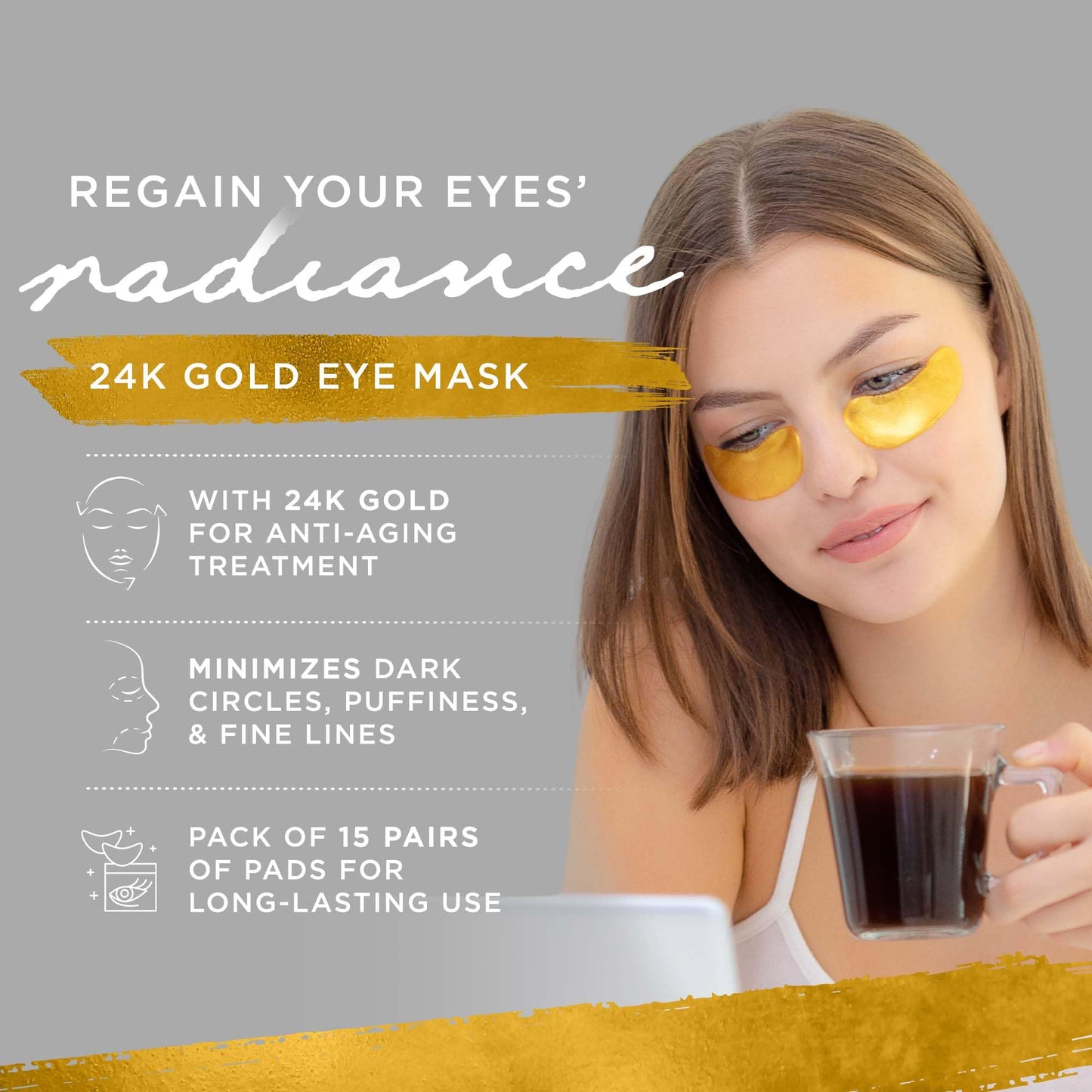 Dermoland Under Eye Patches For Women - 24K Gold Eye Masks, 15 Pairs | Hyaluronic Acid | Reduces Puffiness, Dark Circles & Wrinkles | Vegan