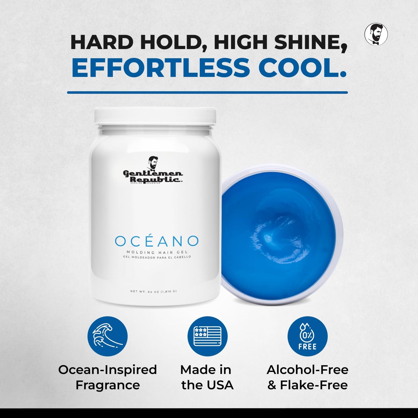 Gentlemen Republic Oceano Men's Hair Gel 32oz W/Pump - Strong Touchable Hold and High Shine Styling Gel for Hair, 100% Alcohol-Free Professional