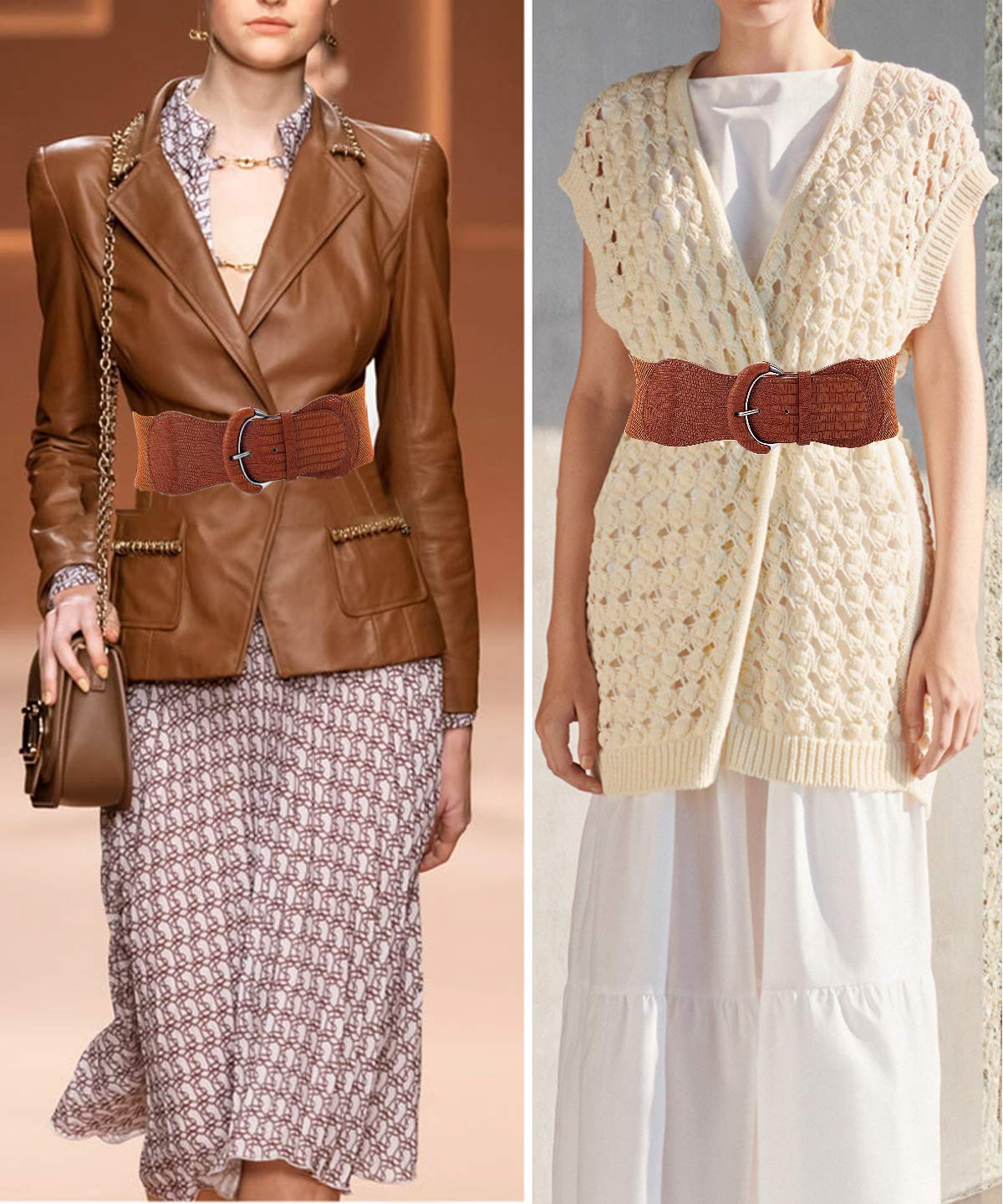 Yuni Sophy 3 pieces of women's wide belts, waist belts, leather elastic belts, ladies dresses, decorative belt hooks (khaki, Large)