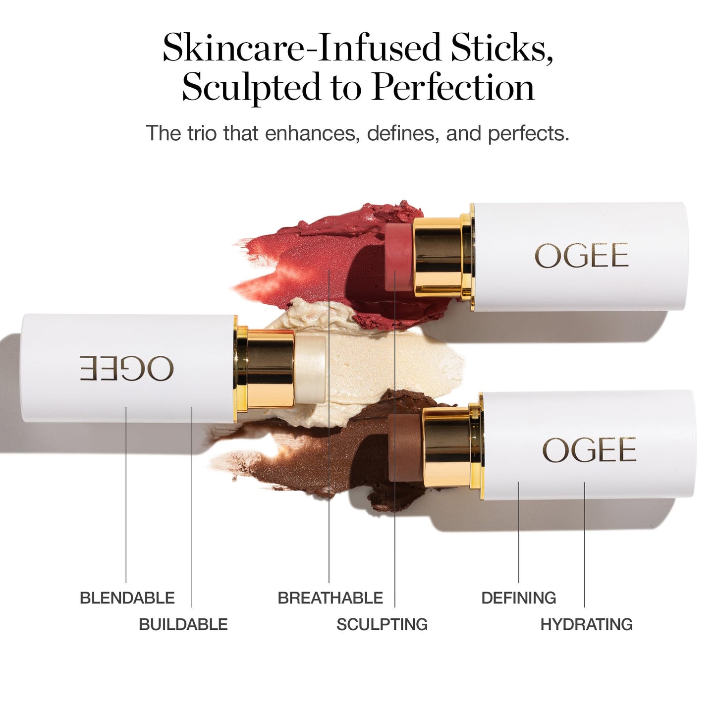 Ogee Face Stick Crystal Collection Trio - Contour Stick Makeup Collection - Certified Organic Contour Palette - Includes Bronzer Stick, Blush Stick