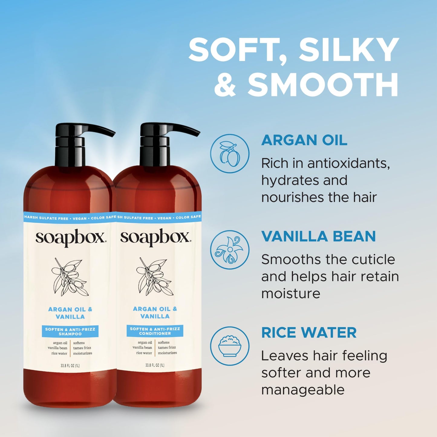 Soapbox Argan Oil & Vanilla Shampoo & Conditioner Set, Leaves Hair Smooth & Controls Frizz - Clean Ingredients Free of Harsh Chemicals, Sulfates