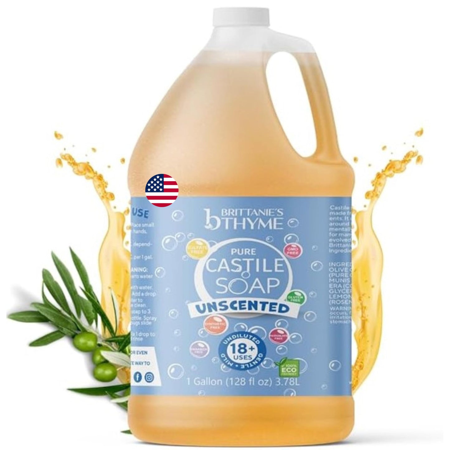 Brittanie's Pure Organic Castile Liquid Olive Oil Soap Refill, 1 Gallon Unscented | Face, Body Wash, All Purpose Cleaner, Dishes, Pets, Laundry |