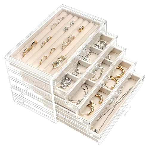 UYBeauty Acrylic Jewelry Box with 5 Drawers,Velvet Jewellery Organizer,Jewelry Storage Case for Earring Necklace,Ring Organizer Storage…