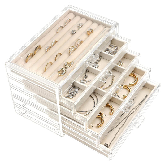 UYBeauty Acrylic Jewelry Box with 5 Drawers,Velvet Jewellery Organizer,Jewelry Storage Case for Earring Necklace,Ring Organizer Storage…