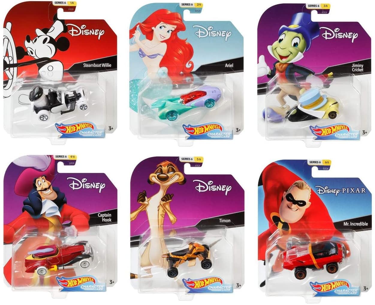 Hot Wheels Set of 6 Disney/Pixar Character Cars, Series 6, 1/64 Collectible Die Cast Toy Cars, with Steamboat Willie, Ariel, Jiminy Cricket, Captain…