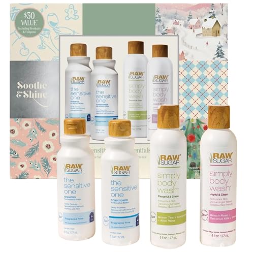 Raw Sugar Holiday Gift Set, Sensitive Skin Collection, Shampoo, Conditioner, 2 Body Washes, 6 fl oz Each