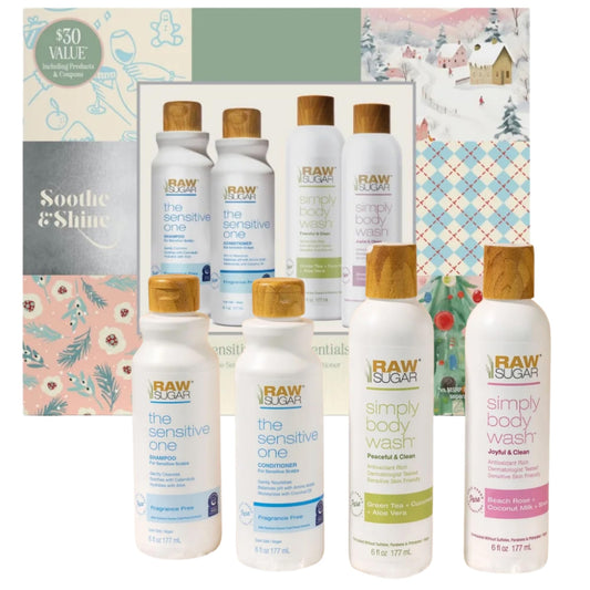 Raw Sugar Holiday Gift Set, Sensitive Skin Collection, Shampoo, Conditioner, 2 Body Washes, 6 fl oz Each