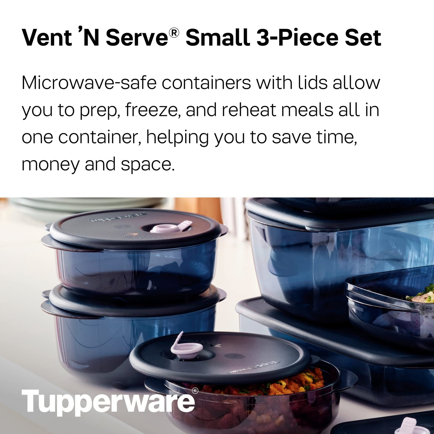 Tupperware Brand Vent ‘N Serve Container Set - 3 Small Round Containers to Prep, Freeze & Reheat Meals + Lids - Dishwasher, Microwave & Freezer Safe…
