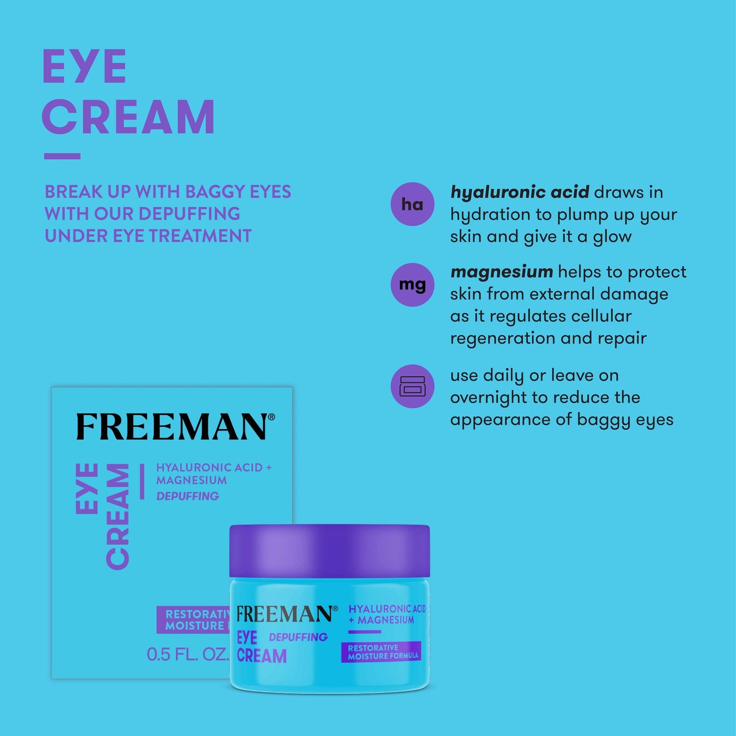 Freeman Eye Cream, Moisturizing Under Eye Cream For Dull & Tired Eyes, Brightens & Depuffs Undereye Skin, Helps Dark Circles, Infused With Magnesium
