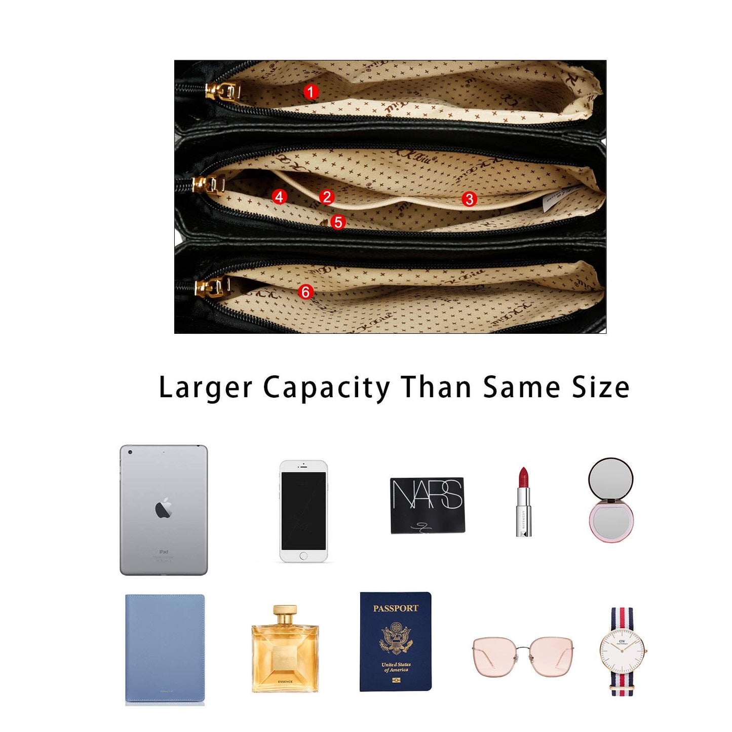 KKXIU 3 Zippered Compartments Purses and Handbags for Women Vegan Leather Ladies Multi Pocket Satchel Bags (D-black)