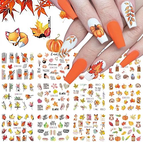12Sheets Fall Nail Stickers Autumn Maple Leaf Pumpkin Halloween Thanksgiving Water Transfer Nail Decal for Women Girls Kids DIY Decorations