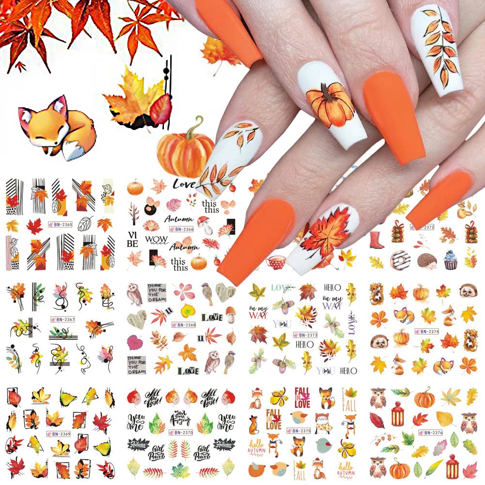 12Sheets Fall Nail Stickers Autumn Maple Leaf Pumpkin Halloween Thanksgiving Water Transfer Nail Decal for Women Girls Kids DIY Decorations