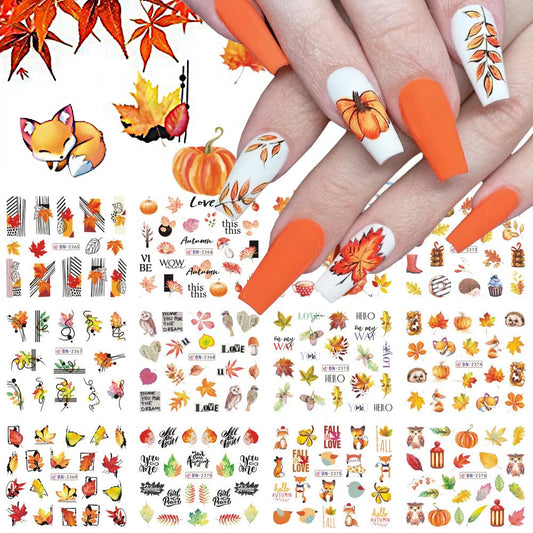 12Sheets Fall Nail Stickers Autumn Maple Leaf Pumpkin Halloween Thanksgiving Water Transfer Nail Decal for Women Girls Kids DIY Decorations Beauty & Personal Care Qdsuh