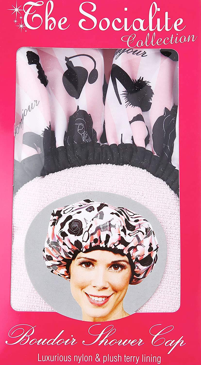 Reusable Nylon Bath & Shower Cap, Reversible Oversized Waterproof Shower Caps Large Designed for all Hair Lengths w Terry Lining & Elastic Band