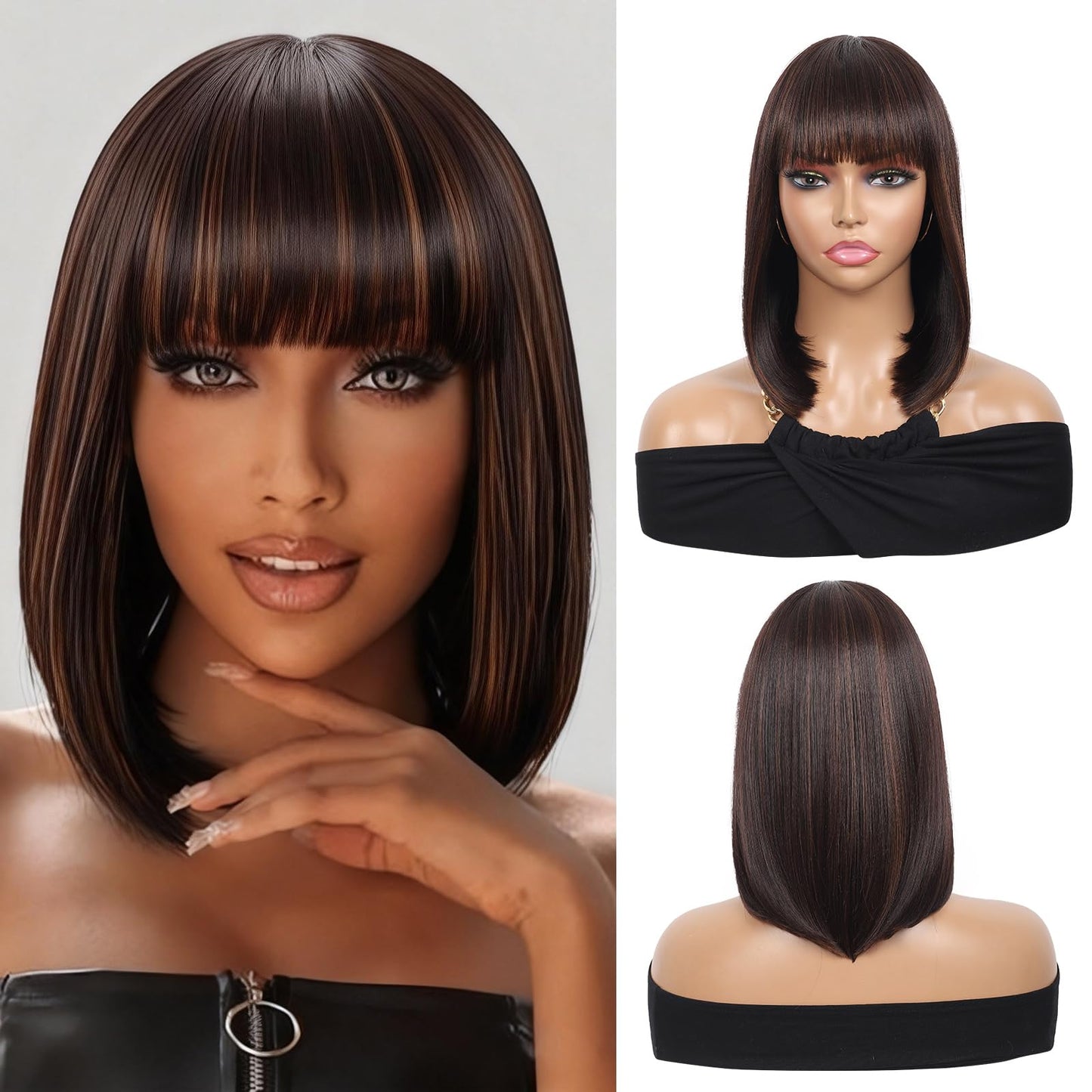 Kalyss Bob Wigs for Women Short Straight Bob Wig with Hair bangs Natural Looking Heat Resistant Synthetic Hair Wigs for Women 13 Inches (Brown