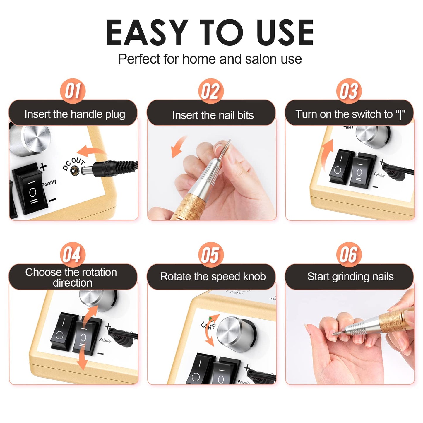 Subay Professional Electric Nail Drill 30,000RPM – Golden Efile Kit for Acrylic & Gel Nails, Manicure & Pedicure Polishing Tools