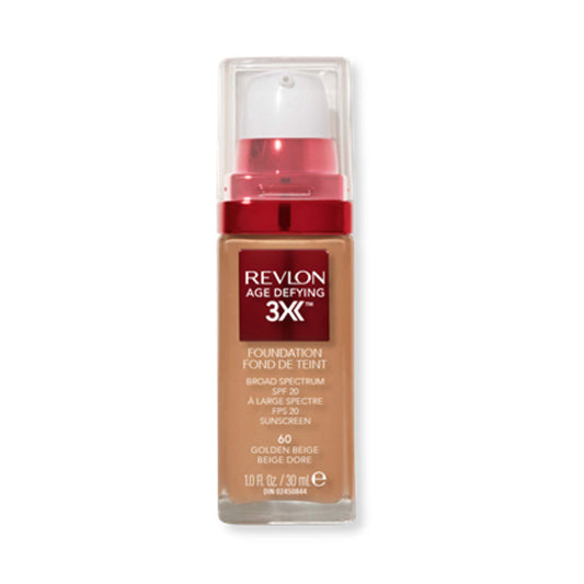 Revlon Age Defying 3X Makeup Foundation, Firming, Lifting and Anti-Aging Medium, Buildable Coverage with Natural Finish SPF 20, 060 Golden Beige, 1 fl