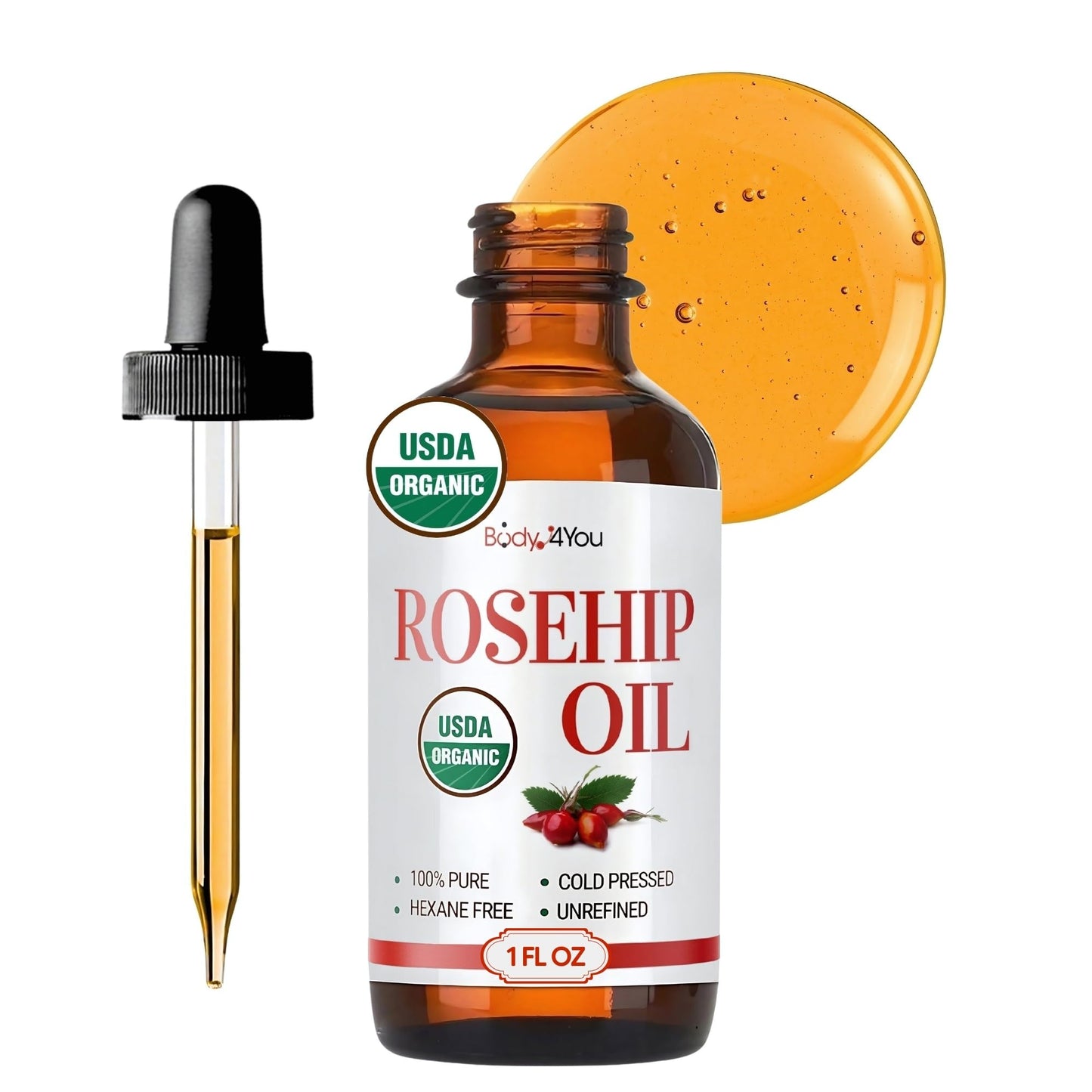 BodyJ4You Rosehip Oil for Face - 100% Pure Natural USDA Organic Cold Pressed - Hydrating Skin Hair Nails Anti-Aging Wrinkle Scar Treatment Gua Sha Beauty and Personal Care BodyJ4You Default Title