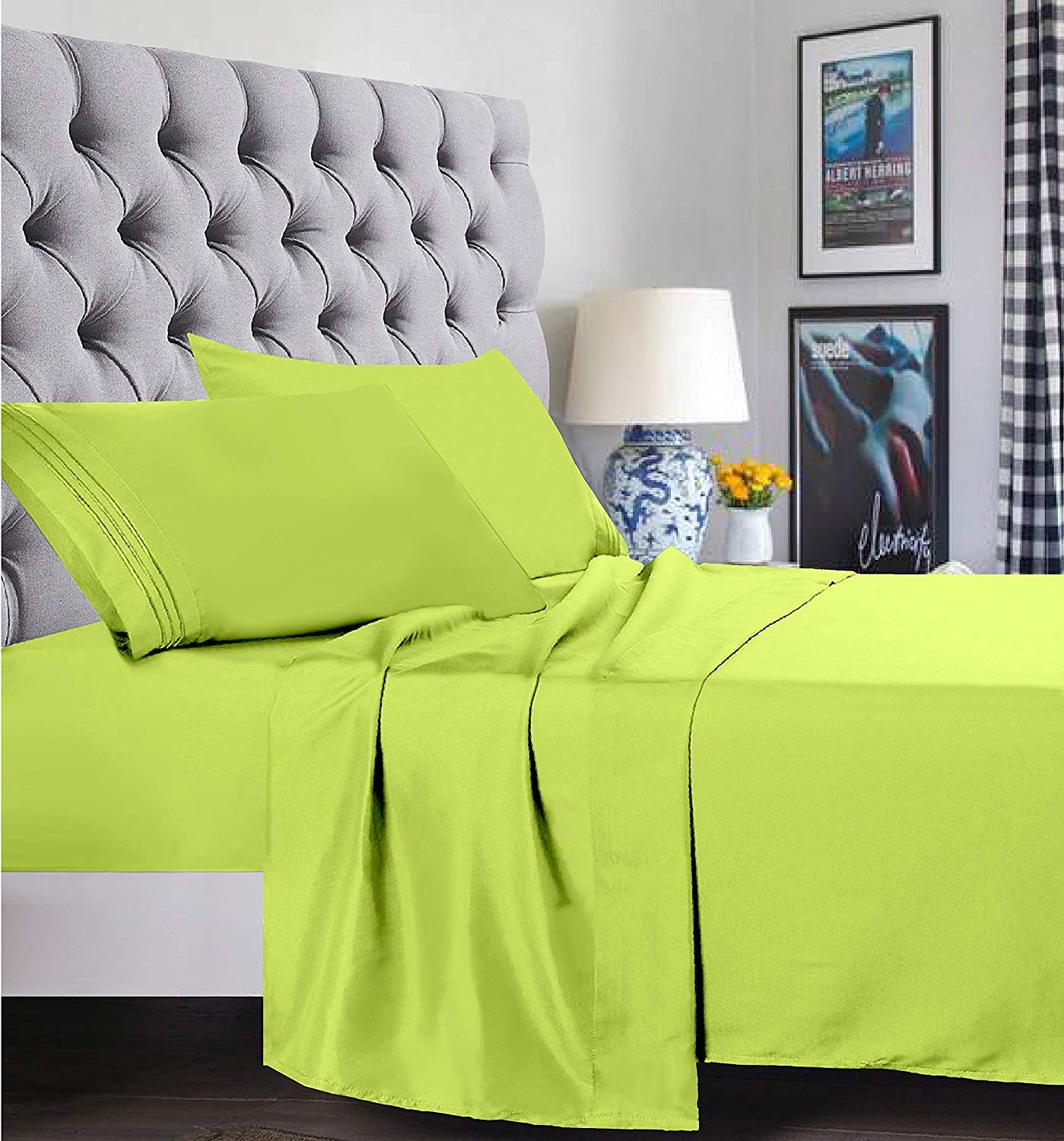 Elegant Comfort 1500 Premier Luxury Hotel Quality Super Soft Wrinkle Free and Fade Resistant 4-Piece Bed Sheet Set, Full, Lime-Neon Green