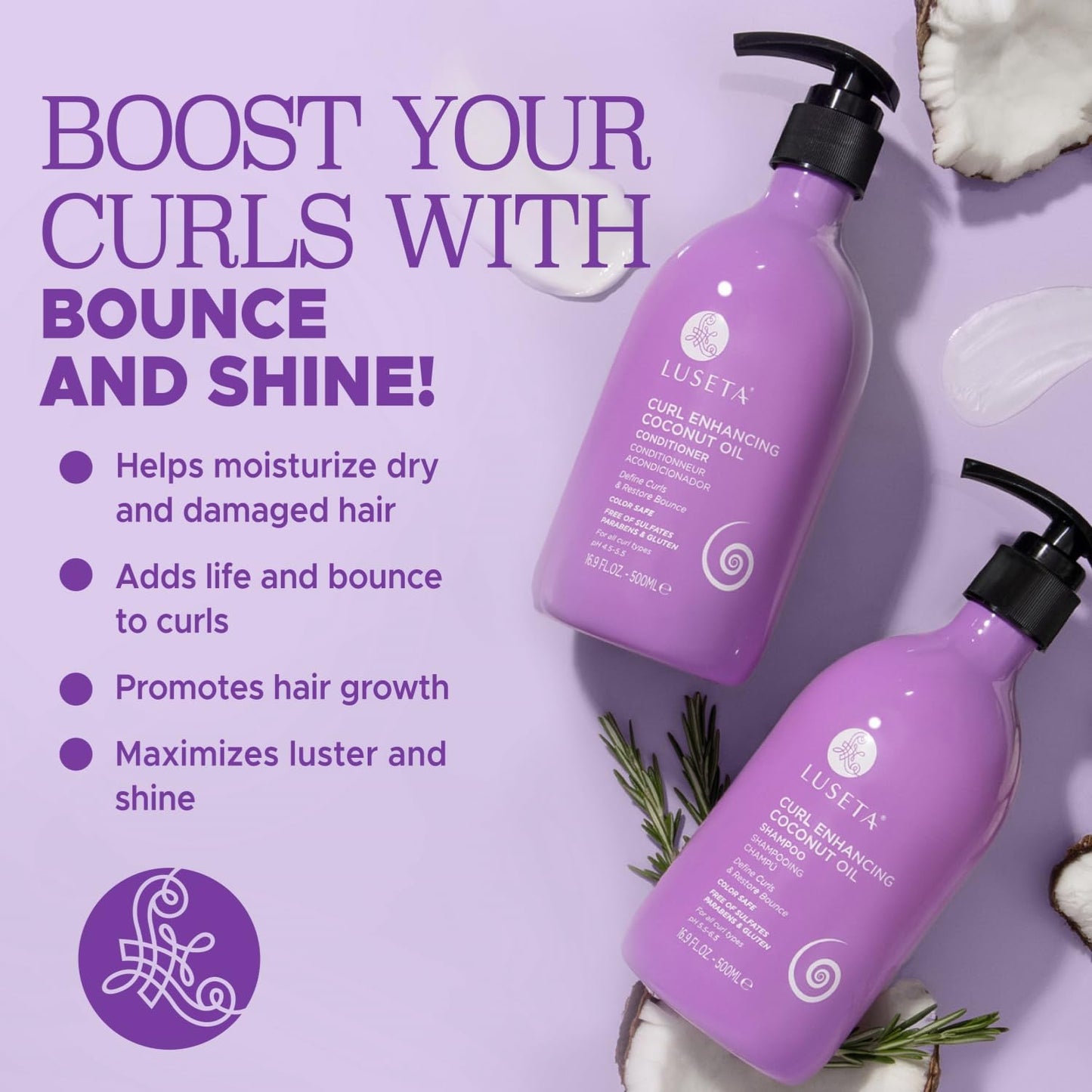 Luseta Curly Hair Shampoo and Conditioner Set with Coconut Oil, Unlimited Bounce and Definition for wavy and Coily hair, Reduce Frizz and Repair Dry