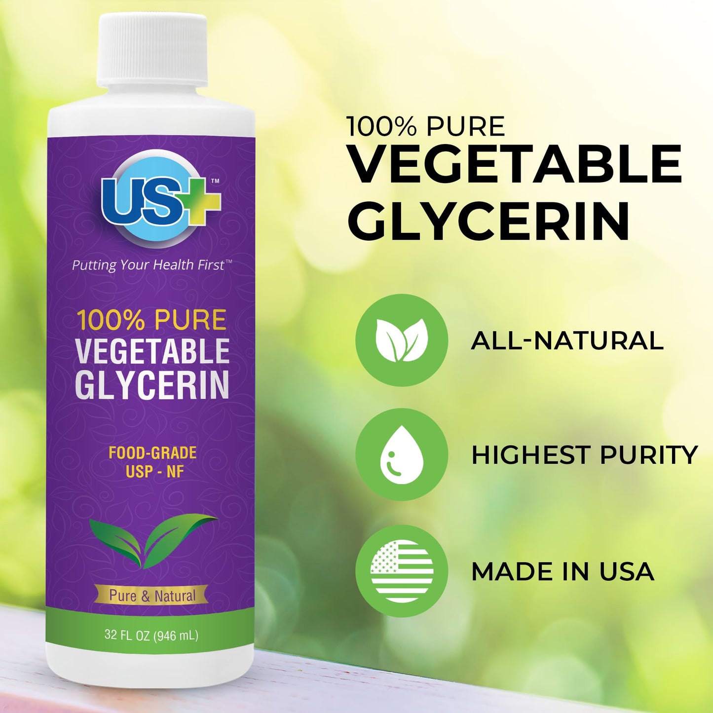 US+ 100% Pure Vegetable Glycerin - Pharmaceutical & Food Grade (USP) - All-natural moisturizer & cleanser - Non-GMO - For skin, hair, soaps and more Beauty and Personal Care US+