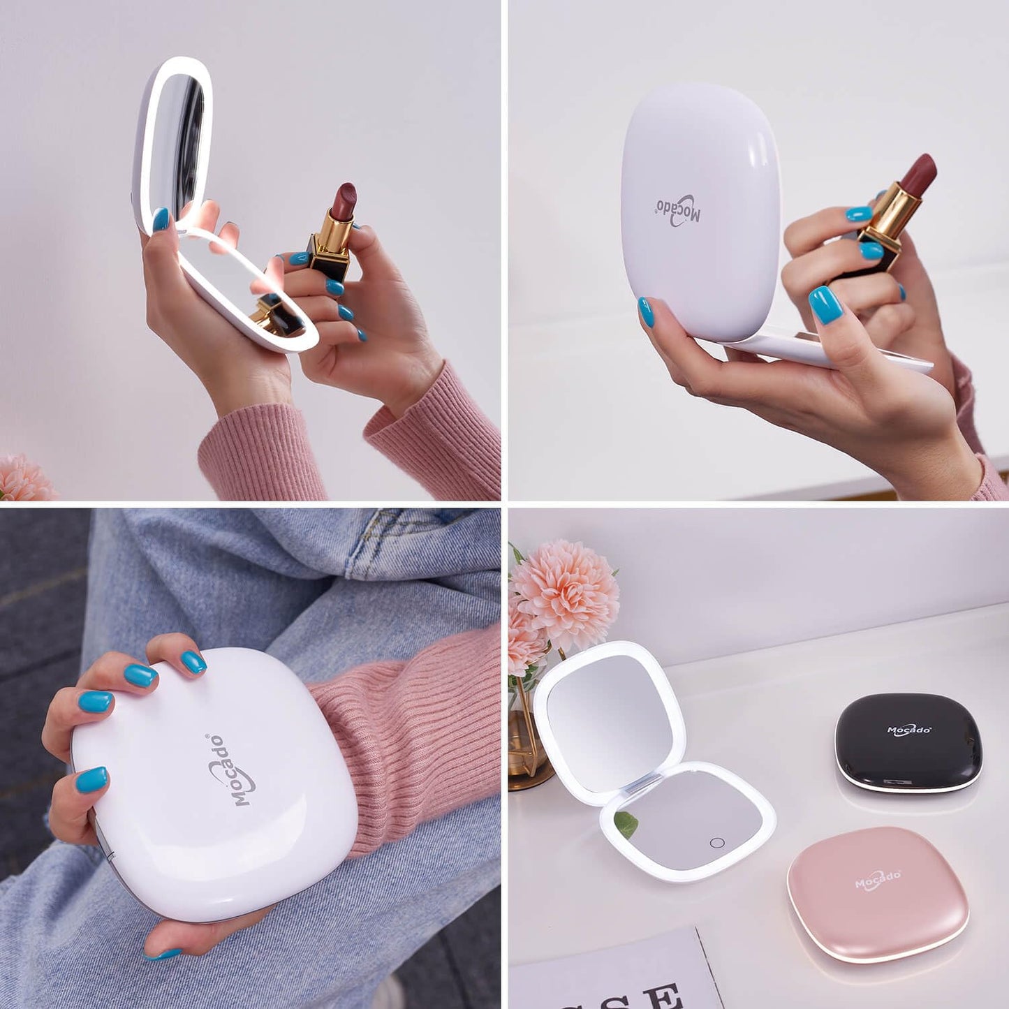 Mocado Compact LED Magnifying Travel Makeup-Mirror - 4 inches 1X/10X Magnification Small Hand Pocket Dimmable Double Sided USB Rechargeable Touch