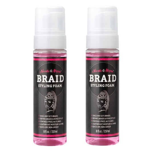 Nicole & Alyssa Braid Styling Foam 8oz - Extra Hold Foam Mousse for Braids, Boho Braids, Crochet Styles, Twists & Locs - High Shine, Flake-Free